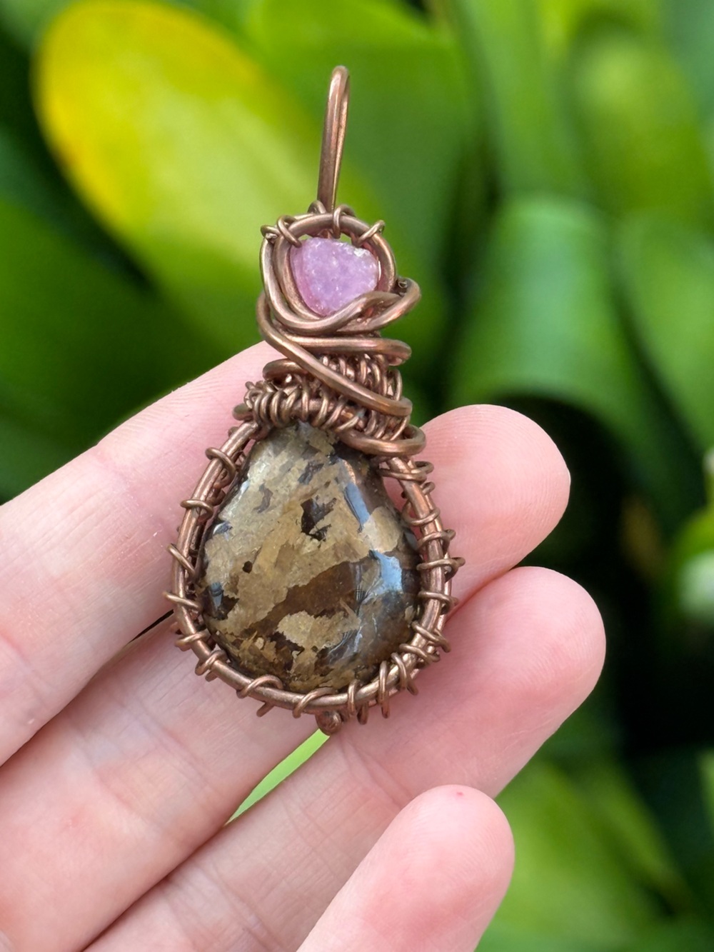 Handmade Copper Wire Wrapped Brown Jasper Pendant with Pink Accent